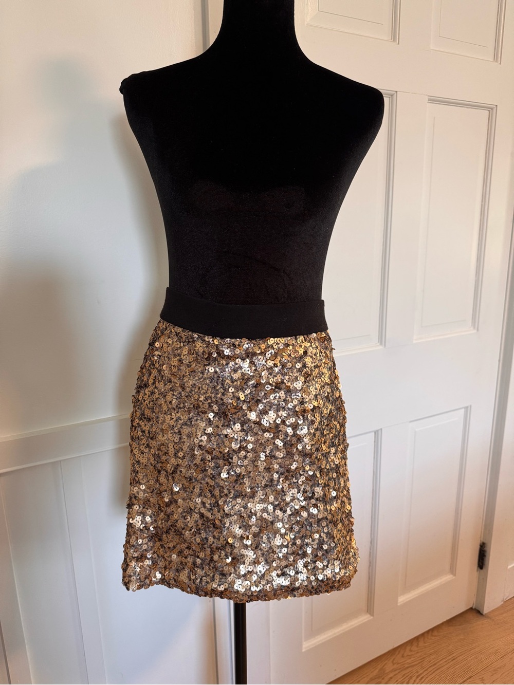 Gold Sequin Mini Skirt with Black Waistband